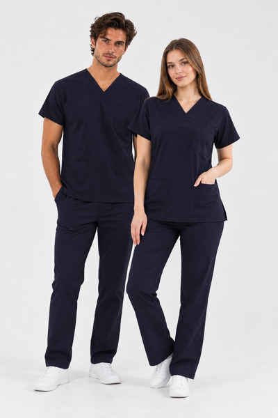 XPLUS Lacivert Likralı Unisex Yarasa Kol Doktor Ve Hemşire Forması Takımı Scrubs