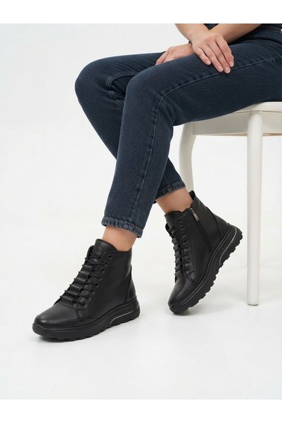 Tamdabu Ayakkabı Genuine Leather Black Side Zipper 3 cm Heeled Orthopedic Women's Boots