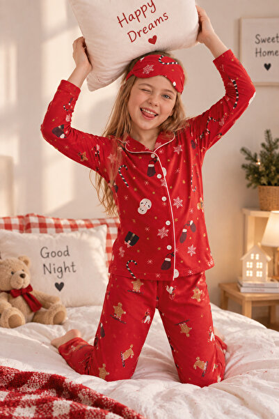 Free Beka New Year Patterned Long Sleeve Button Front Shirt Collar Girls Paja...
