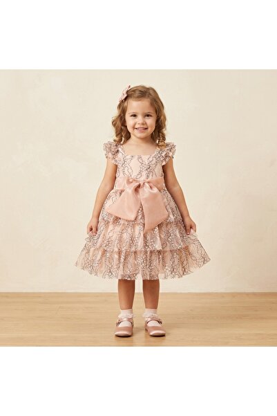 Cumino Girls Pink (Pinkish) Short-Sleeved Dress with Lace Patterns and Large Bow