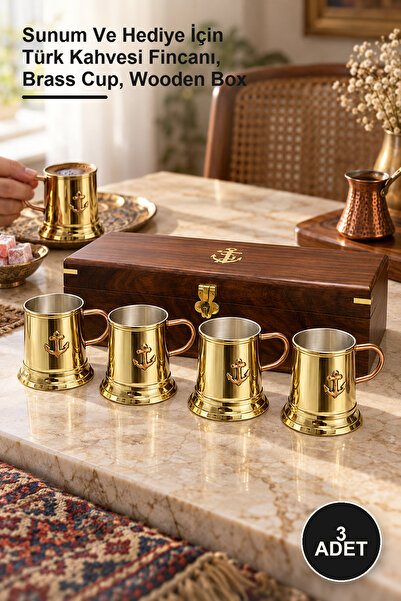 Yenilig 3-Piece Brass Cup Set with Wooden Box – Turkish Coffee Cup for Presen...