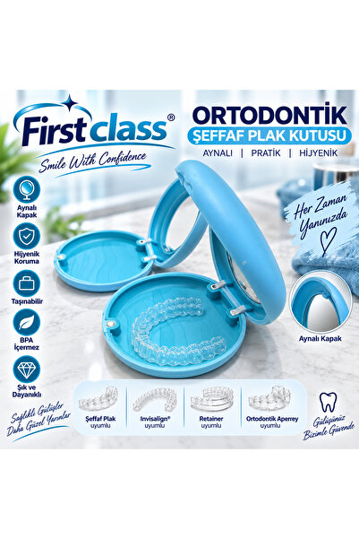 First Class Ortodontik Plak ve Alginer Saklama Kutusu Kendinden Aynalı Mavi Renk