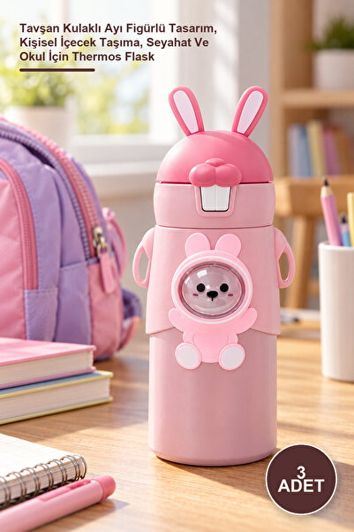 Yenilig 3-Piece Steel Thermos – Design with Rabbit Ears and Bear Figure, Pers...