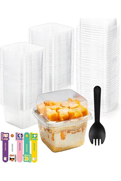 P PIPITA 50 Pcs 12 oz Square Plastic Dessert Cups With Lids and Spoons, Tiram...