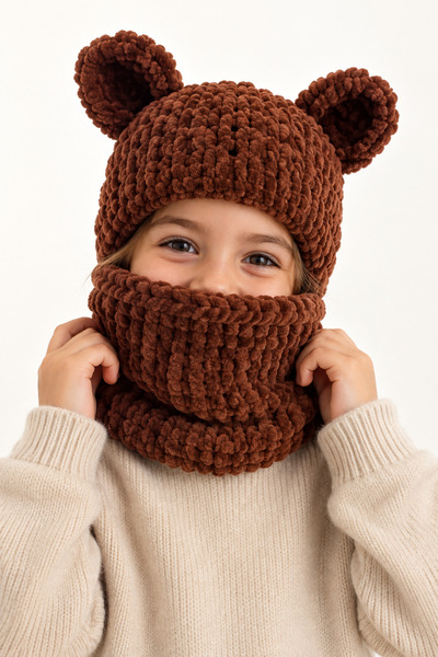 NEHOLİA Children's Unisex Puffy Balaklava with Ears Knitted Hood Neck Collar ...