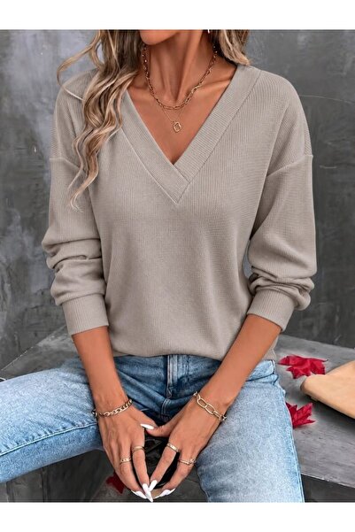 By BAYANA Women's V-Neck Long Sleeve Waffle Blouse