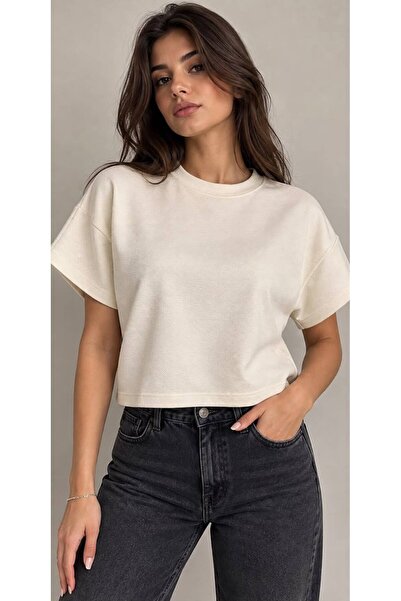 Kadın Haki Crop Bisiklet Yaka Kısa Kollu Basic Tişört