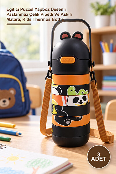 Yenilig 3 Pieces Children's Thermos Bottle – Educational Puzzle Patterned Sta...