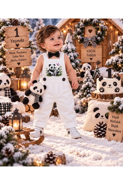 Feriatolye Panda Concept Boys Pants Boy Overalls Bow Tie Set