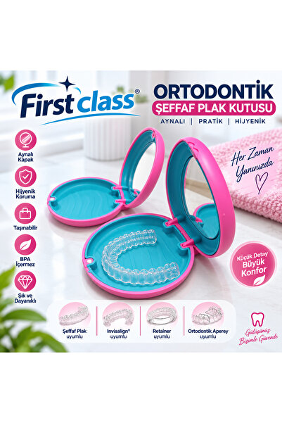 First Class Ortodontik Plak ve Alginer Saklama Kutusu Kendinden Aynalı Pembe ...