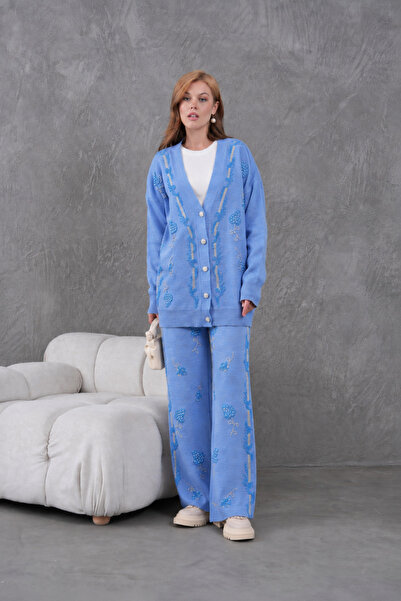 Moda Neval Women's Embroidered Knitwear Cardigan Pants Bottom Top Double Set
