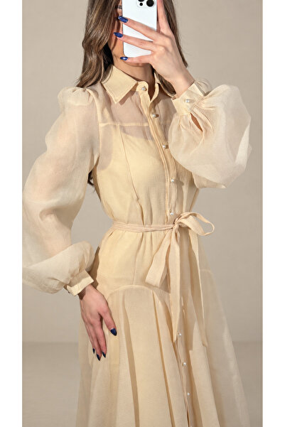 Rose Cream Shirt Dress with Pearl Buttons and Puffy Sleeves