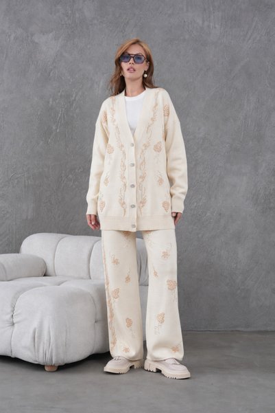 Moda Neval Women's Embroidered Knitwear Cardigan Pants Bottom Top Double Set