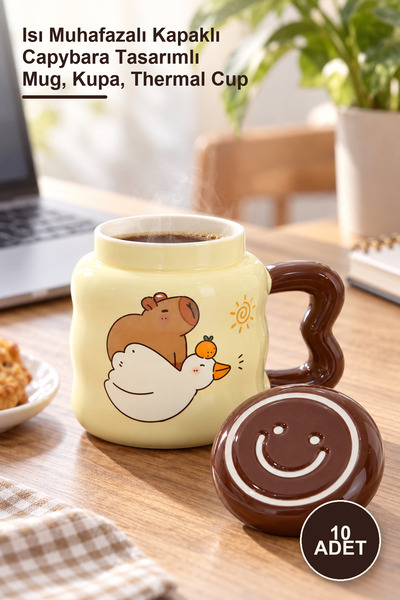 Yenilig 10 Porcelain Cups – Capybara Design Mug with Heat-Resistant Lid, Mug,...