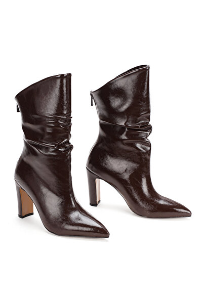 Melvoria Patent Leather Look Thick Heeled Women's Boots with Gathered Ruffle ...