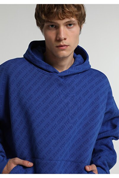 Colin's Oversize Fit Kapüşonlu Baskılı Erkek Mavi Sweatshirt