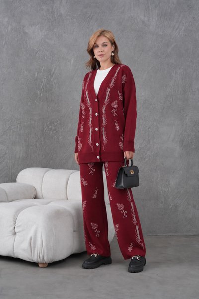 Moda Neval طقم نسائي مكون من قطعتين: سترة تريكو مطرزة وبنطلون