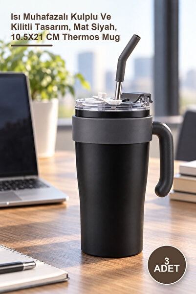 Yenilig 3 Pieces Steel Thermos Mug – Heat-Retaining Design with Handle and Lo...