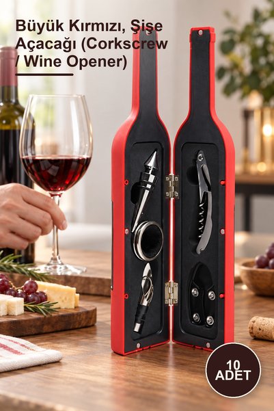 Yenilig 10 Adet Şişe Tirbuşon Seti – Büyük Kırmızı, Şişe Açacağı (Corkscrew / Wine Opener)