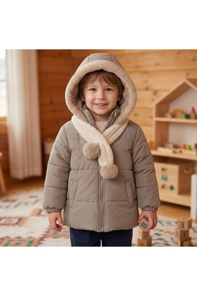 CUBBUX Boy's Winter Coat with Fur Lining and Scarf Detail
