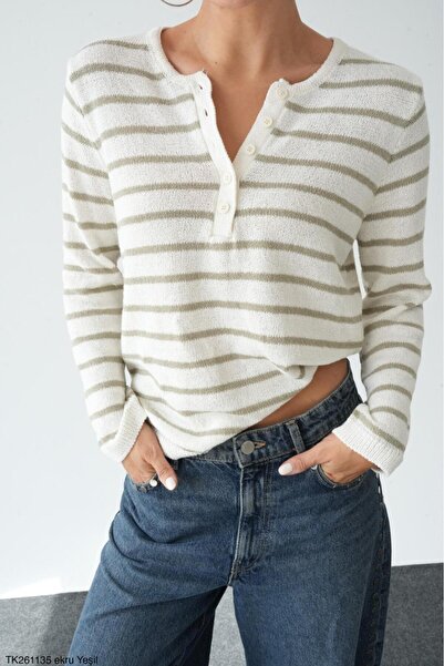 Lupies Women's Crew Neck Buttoned Long Sleeve Knit Sweater