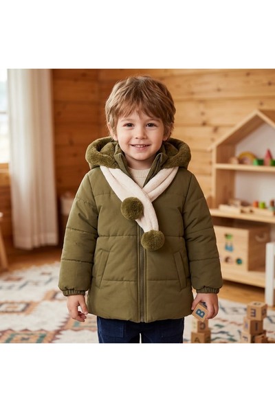 CUBBUX Boy's Winter Coat with Fur Lining and Scarf Detail