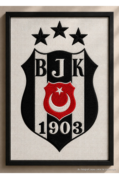 Nakışlı BJK Logo Tablosu – BJK Temalı Dekoratif Nakış Kumaş 50x70 cm