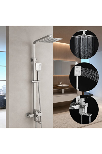 OEM SET Coloana de dus cu baterie, Inox, para patrata, efect ploaie, 3 functi...