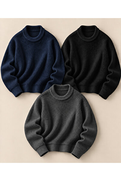 DepoExport Women's 3-Piece Crew Neck Oversize Knitwear Sweater Soft Knitted S...