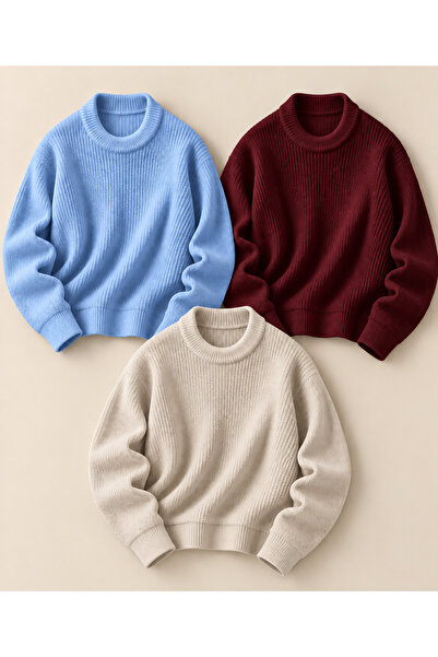 DepoExport Women's 3-Piece Crew Neck Oversize Knitwear Sweater Soft Knitted S...