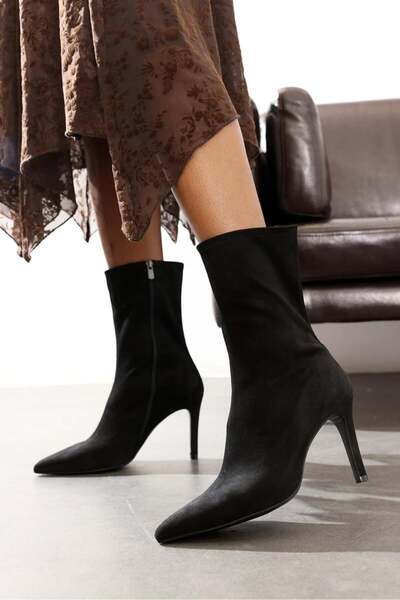 5in1Canpolat Black Suede Pointed Toe Heeled Boots 24374-1