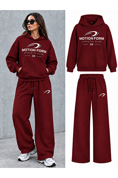 EVIus Oversize Motion Form Printed Hooded 100% Cotton Wide Leg Sweatpants Set