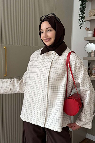 Modaensarbutik Kontrast Yaka Ekose Detaylı Astarlı Kareli Ceket-KAHVERENGİ