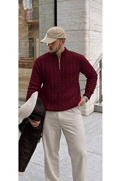 threeoff Men's Stand Collar Half Zipper Hair Knit Sweater