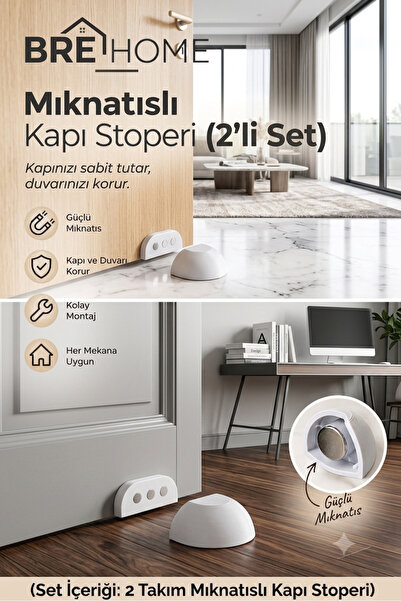 BRE HOME 2 adet Set Mıknatıslı Kapı Stoperi - Yapışkanlı Kapı Tutucu ve Duvar...