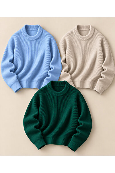 DepoExport Women's 3-Piece Crew Neck Oversize Knitwear Sweater Soft Knitted S...