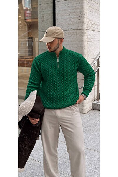 threeoff Men's Stand Collar Half Zipper Hair Knit Sweater