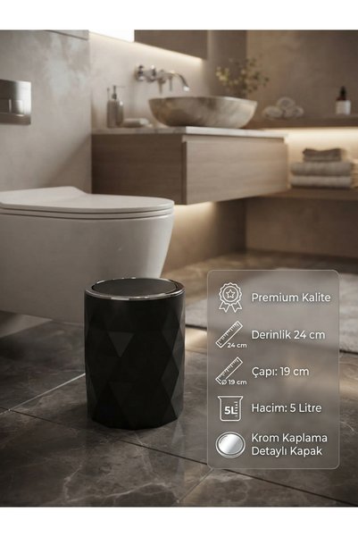 İndecor Houseware Mia Banyo Çöp Kovası Premium Kalite Çöp Kovası Elmas Desenli Yuvarlak Çöp kovası - Mutfak Çöp Kutusu - Ofis Çöp Kovası 5 Litre