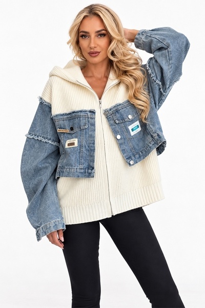 FashionForYou Jachetă tricotată LUREIA, cu inserții din denim și glugă, Alb u...
