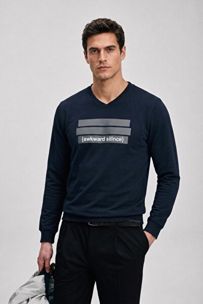 Maccali Men's Seasonal Crew Neck Loose Fit Burgundy Navy Blue Sweatshirt