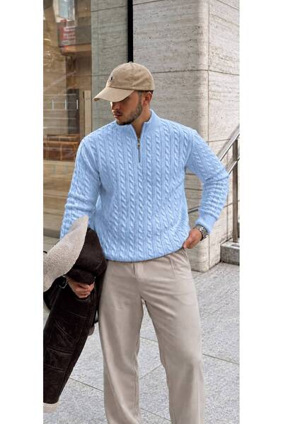 threeoff Men's Stand Collar Half Zipper Hair Knit Sweater