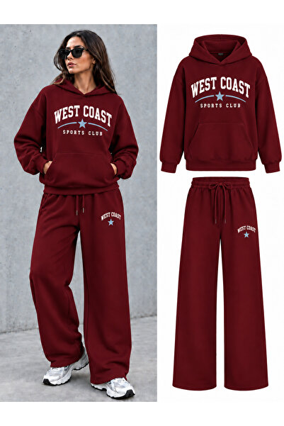 EVIus Oversize West Coast Printed Hooded 100% Cotton Wide Leg Sweatpants Set