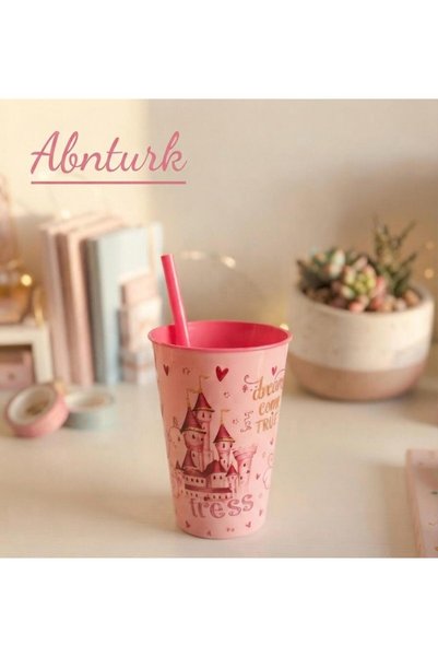 abnturk Prenses Şato Desenli Kendinden Pipetli Bardak Eğlenceli Çocuk Bardağı