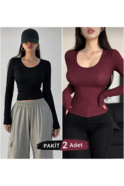 MADALİNA Women's 2-Piece Black Burgundy Round Neck Camisole Basic Blouse
