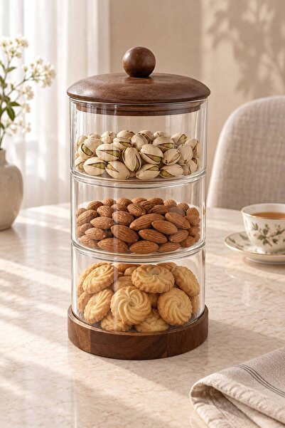 NEWNOW Lunera 3-Piece Glass Jar Set with Acacia Lid and Base, Stacking Storag...