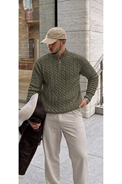 threeoff Men's Stand Collar Half Zipper Hair Knit Sweater