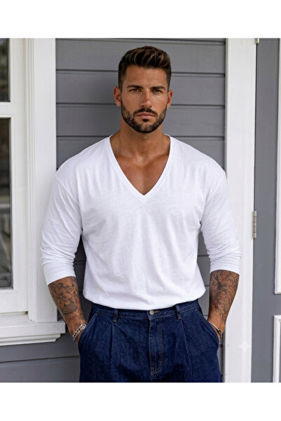 Oversize Fit Geniş V Yaka Düz %100 Pamuk Beyaz Tişört
