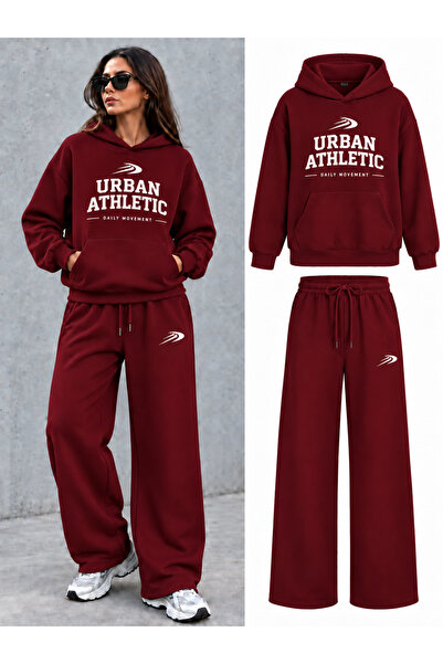 EVIus Oversize Urban Athletic Printed Hooded 100% Cotton Wide Leg Tracksuit Set