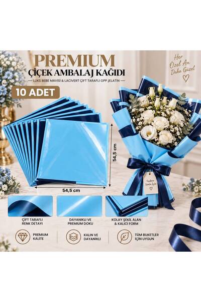 Lüks Bebe Mavisi & Lacivert Çift Taraflı Çiçek Buket Kağıdı OPP Su Geçirmez Ambalaj Hobi Kağıdı - 54.5 cmx54.5 cm - 10'lu Paket