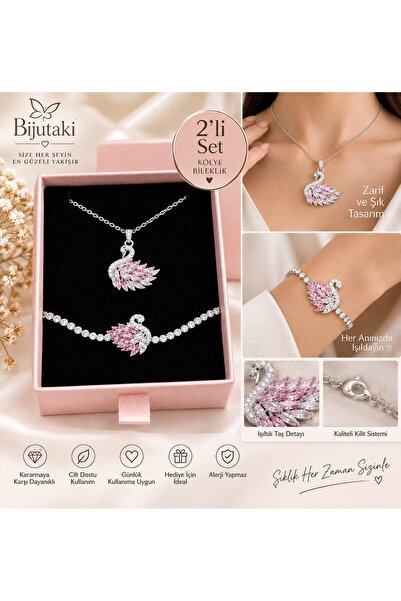 BİJUTAKİ Pembe Taşlı Kuğu Figürlü Kolye Bileklik 2’li Takı Seti Gümüş Renk